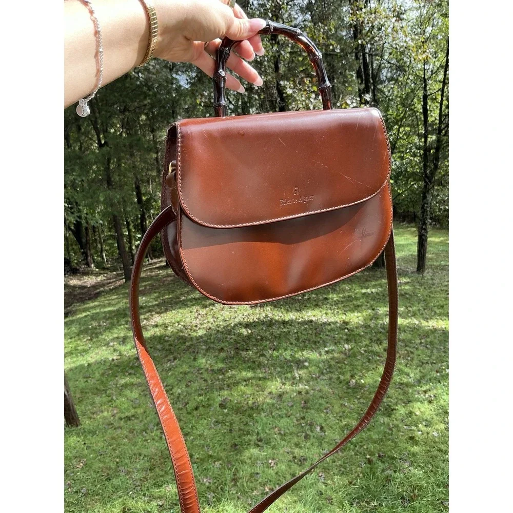 Vintage Brown Etienne Aigner Crossbody Bag‎ Bamboo Style Handle Rare Purse - Picture 2 of 10